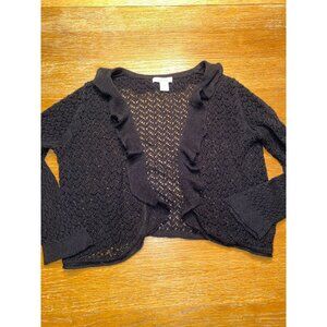 Vintage Black Knit Cardigan With Ruffle Trim Open Front For Women Size M